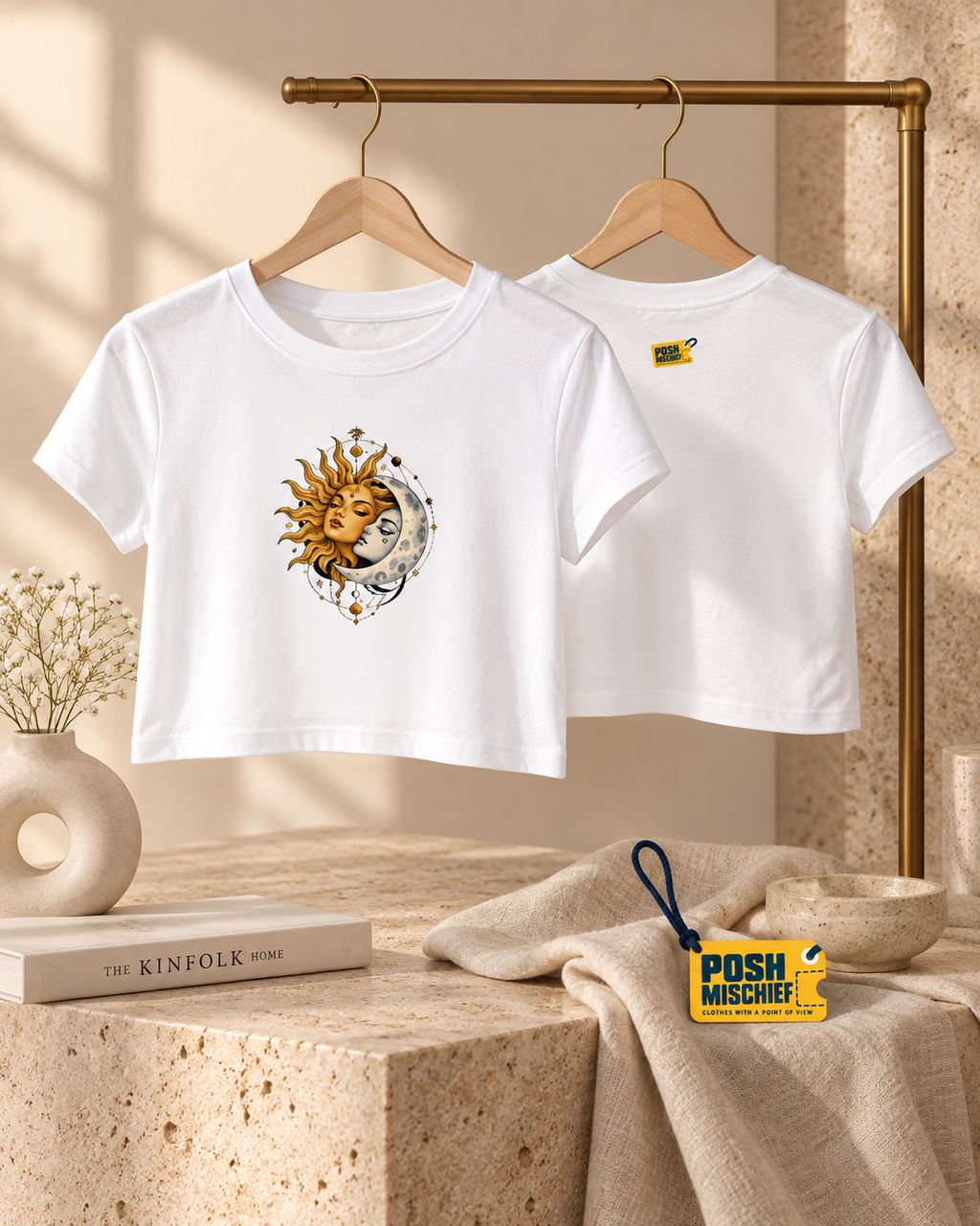 Celestial Sun & Moon Women’s Crop Top – Light Baby Pink